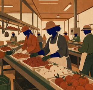 Women sorting fruit in a factory