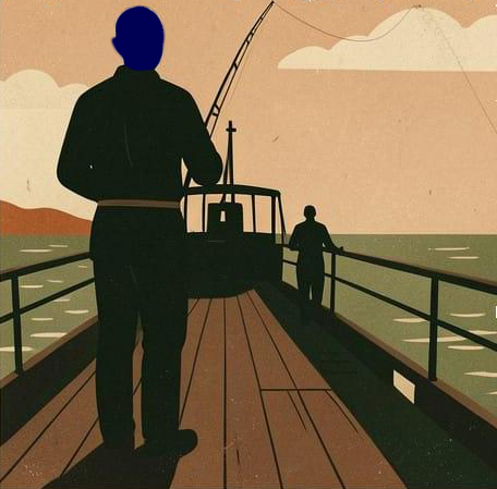 Person standing on fishing boat in the sea with a fishing rod in their hand,